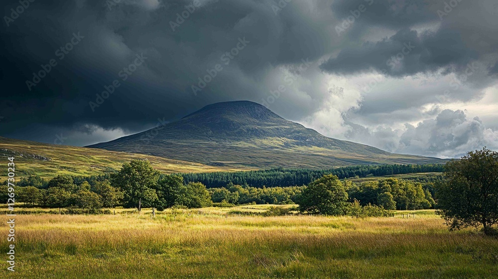 Fototapeta premium Towering Mountain Ridge Under Stormy Sky with Expansive Landscape