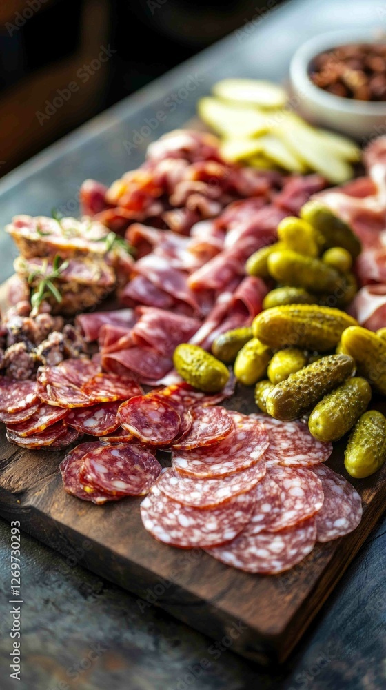 Traditional Charcuterie Board with Assorted Meats and Pickles Traditional Charcuterie Board with Assorted Meats and Pickles