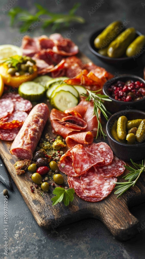 Traditional Charcuterie Board with Select Meats and Vegetables Traditional Charcuterie Board with Select Meats and Vegetables