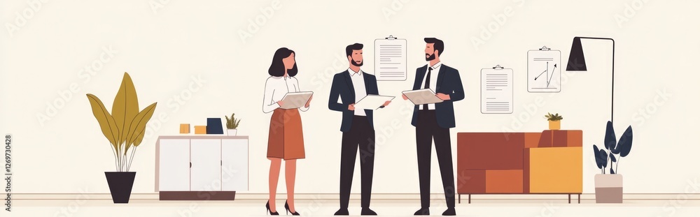 An illustration of a professional group discussing in an elegant office space, emphasizing collaboration, teamwork, and modern business aesthetics through sleek design elements. An illustration of a professional group discussing in an elegant office space, emphasizing collaboration, teamwork, and modern business aesthetics through sleek design elements.