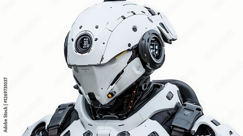 Futuristic White Robot Head and Torso Closeup Futuristic White Robot Head and Torso Closeup