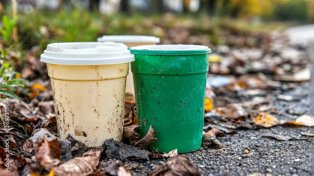 Discarded cups and scattered leaves along a road during autumn Discarded cups and scattered leaves along a road during autumn