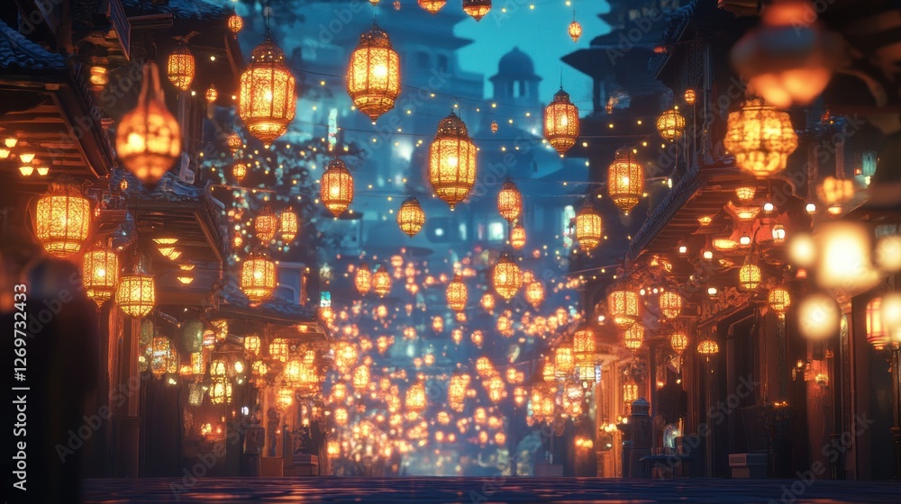 Enchanted Night Market: A Digital Painting of a Mystical City Street Adorned with Hundreds of Glowing Lanterns, Creating a Dreamlike and Magical Atmosphere. Enchanted Night Market: A Digital Painting of a Mystical City Street Adorned with Hundreds of Glowing Lanterns, Creating a Dreamlike and Magical Atmosphere.