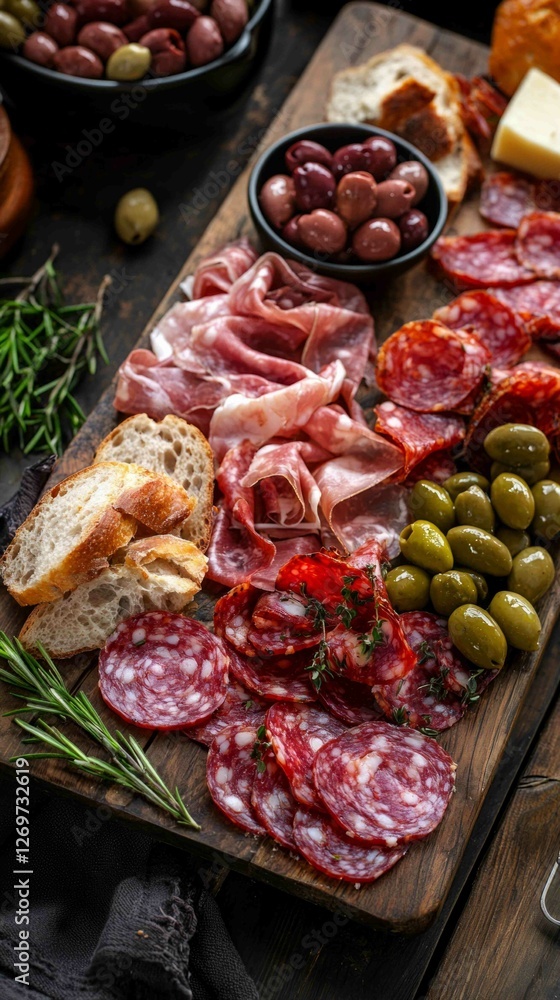 Vibrant Meat Platter Display with Assorted Ingredients and Olives Vibrant Meat Platter Display with Assorted Ingredients and Olives