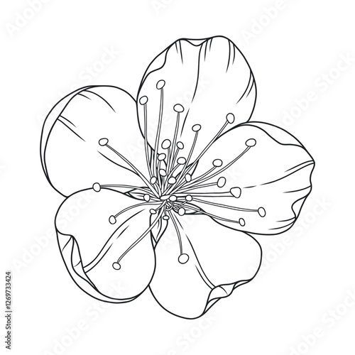 Beautiful apricot flower, graceful thin line. Japanese sakura blossom. Hand drawn cherry or peach bloom sketch, outline. Vector illustration