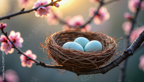 Obraz na płótnie Handcrafted bird nest with light blue eggs, tranquil mood, resting on tree branch, cherry blossoms background w salonie
