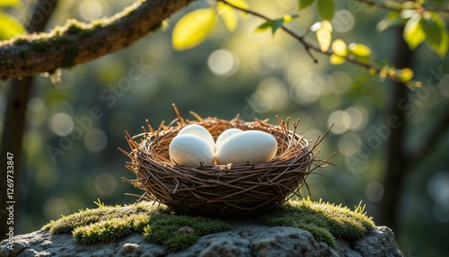 Minimalist bird nest with  smooth white eggs, serene mood, arranged on mossy rock, sunlight filtering

