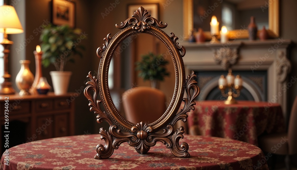 Vintage-style standing mirror with intricate carvings, festive mood, placed on table with Haft-Seen items