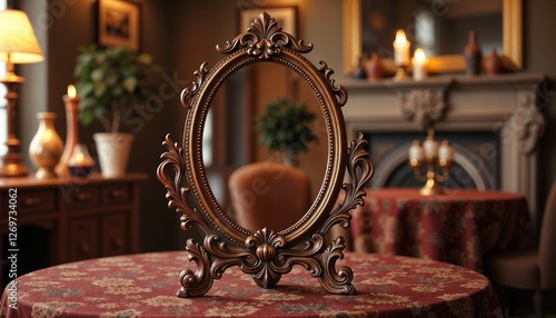 Obraz na płótnie Vintage-style standing mirror with intricate carvings, festive mood, placed on table with Haft-Seen items w salonie