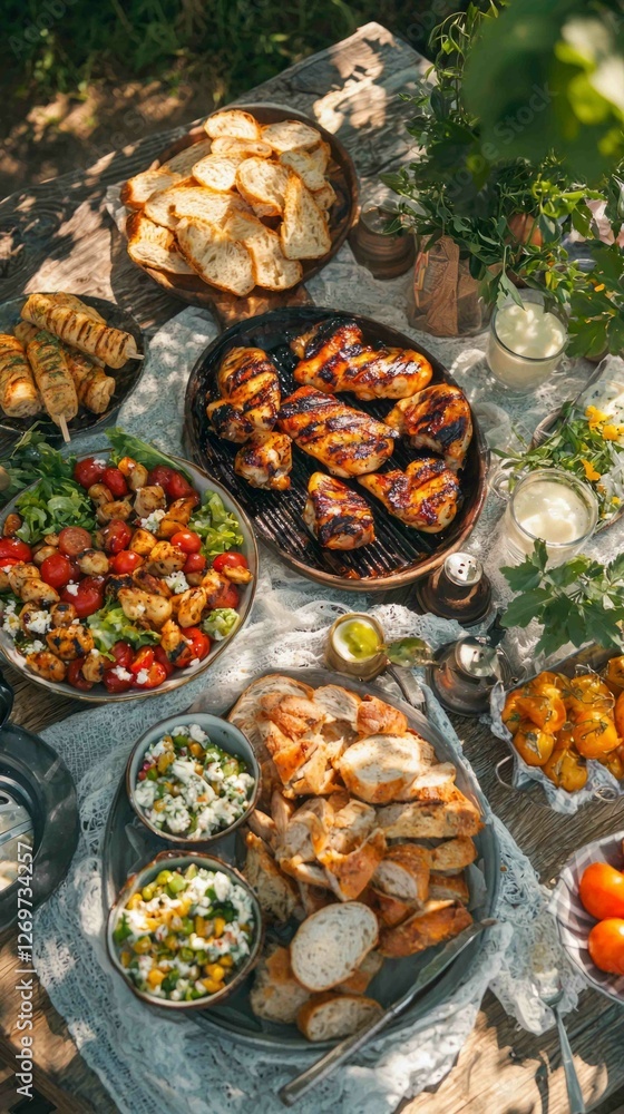 Fototapeta premium Vibrant Picnic Spread with Grilled Chicken and Fresh Ingredients