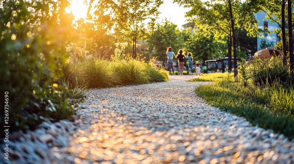 Vibrant Community Park Scene with Decorative Pathway in Sunset Light Vibrant Community Park Scene with Decorative Pathway in Sunset Light