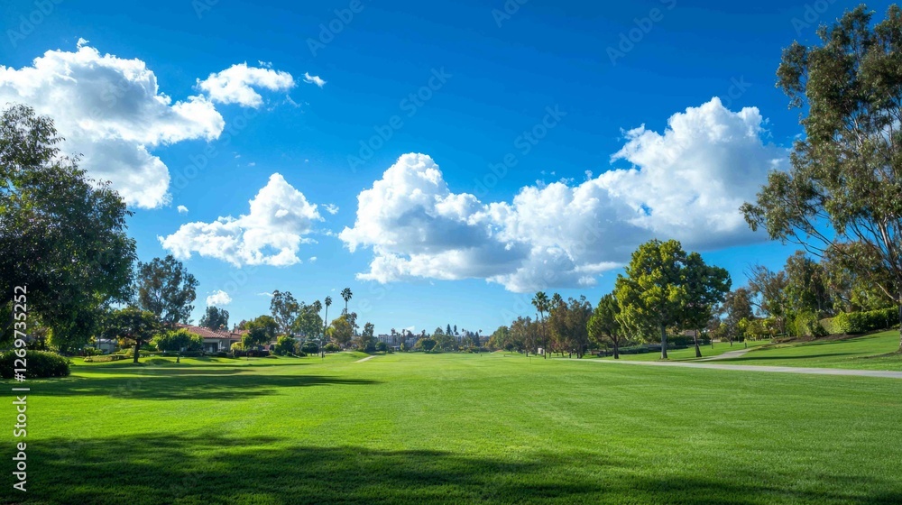 Vibrant Suburban Landscape with Manicured Lawn and Blue Sky Vibrant Suburban Landscape with Manicured Lawn and Blue Sky