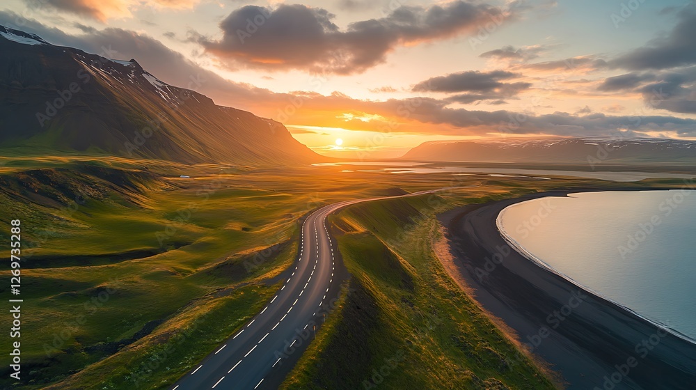 Naklejka premium Aerial view of scenic coastal road at sunset, mountains and ocean.