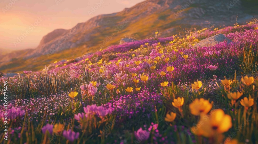 Obraz premium Vibrant Spring Ridge Bursting with Wildflowers at Sunset