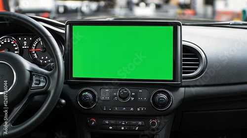 Green screen car dashboard display, interior view, chroma key, mockup