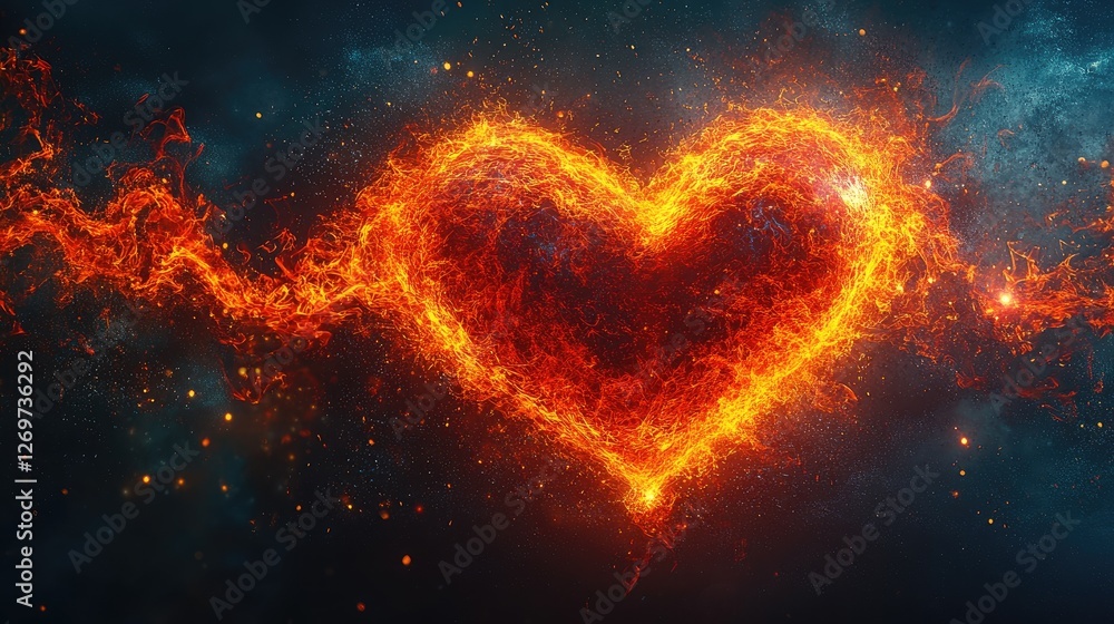 A fiery heart shape glowing against a cosmic background, symbolizing passion and love. A fiery heart shape glowing against a cosmic background, symbolizing passion and love.