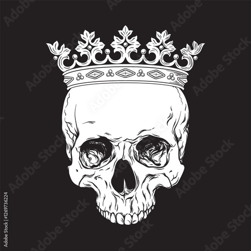 Hand drawn skull with crown vintage line art tattoo vector illustration isolated
