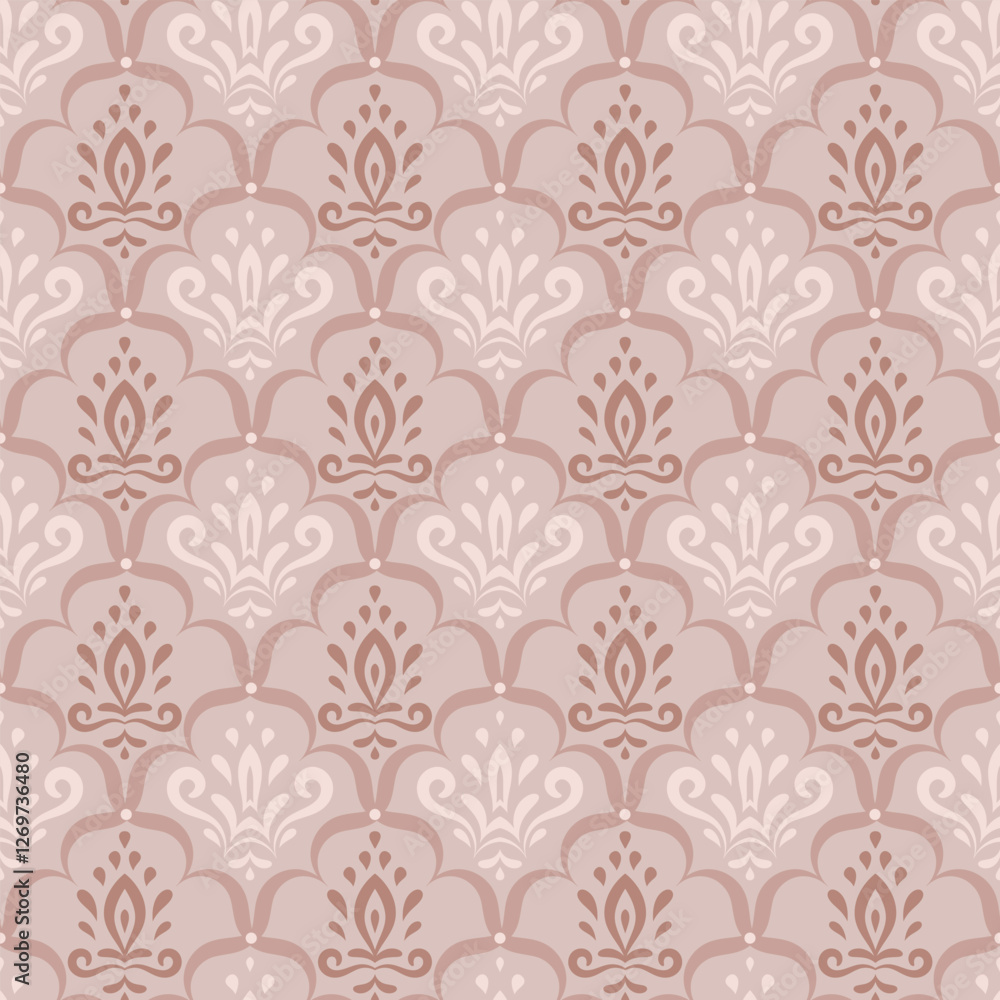 Fototapeta premium Damask seamless pattern in beige colors. Repeating design with floral motifs for textile, wallpaper, silk, scarf. Monochromatic elegant backdrop in oriental style