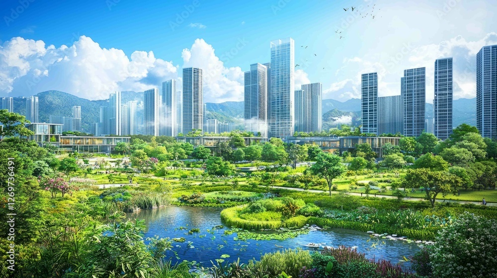 Fototapeta premium Vibrant Urban Redevelopment Scene in a Reclaimed Natural Area