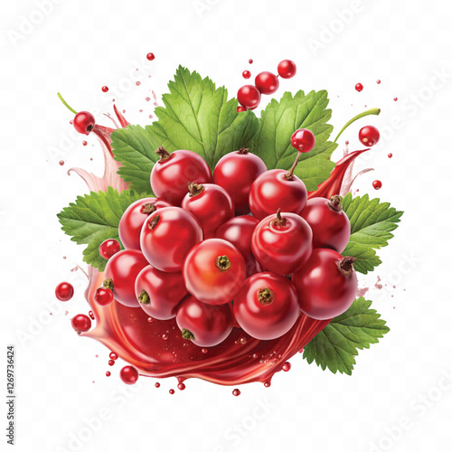 Realistic Detailed 3d Red Currant Berries with Splash Juice isolated on white background.