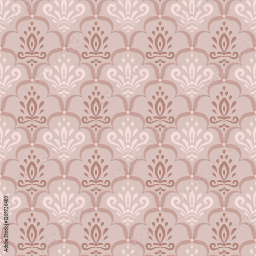 Damask seamless pattern in beige colors. Repeating design with floral motifs for textile, wallpaper, silk, scarf. Monochromatic elegant backdrop in oriental style