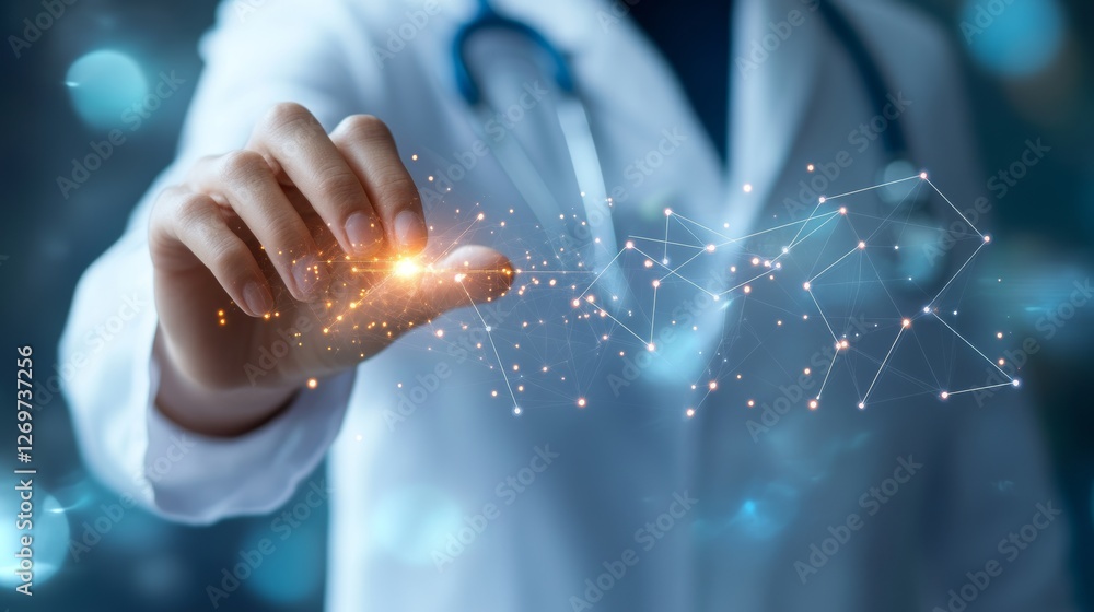 An expert healthcare provider using a cutting-edge virtual data platform with luminous medical technology icons An expert healthcare provider using a cutting-edge virtual data platform with luminous medical technology icons