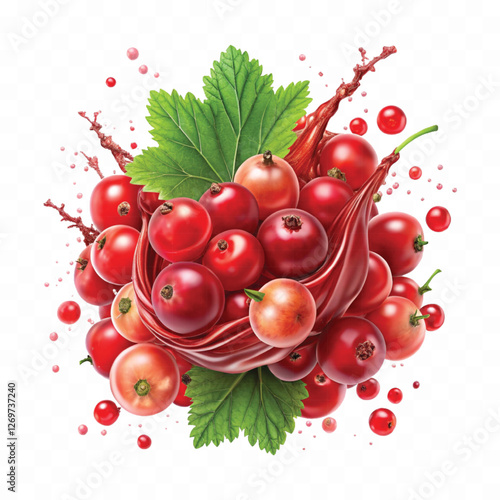 Realistic Detailed 3d Red Currant Berries with Splash Juice isolated on white background.