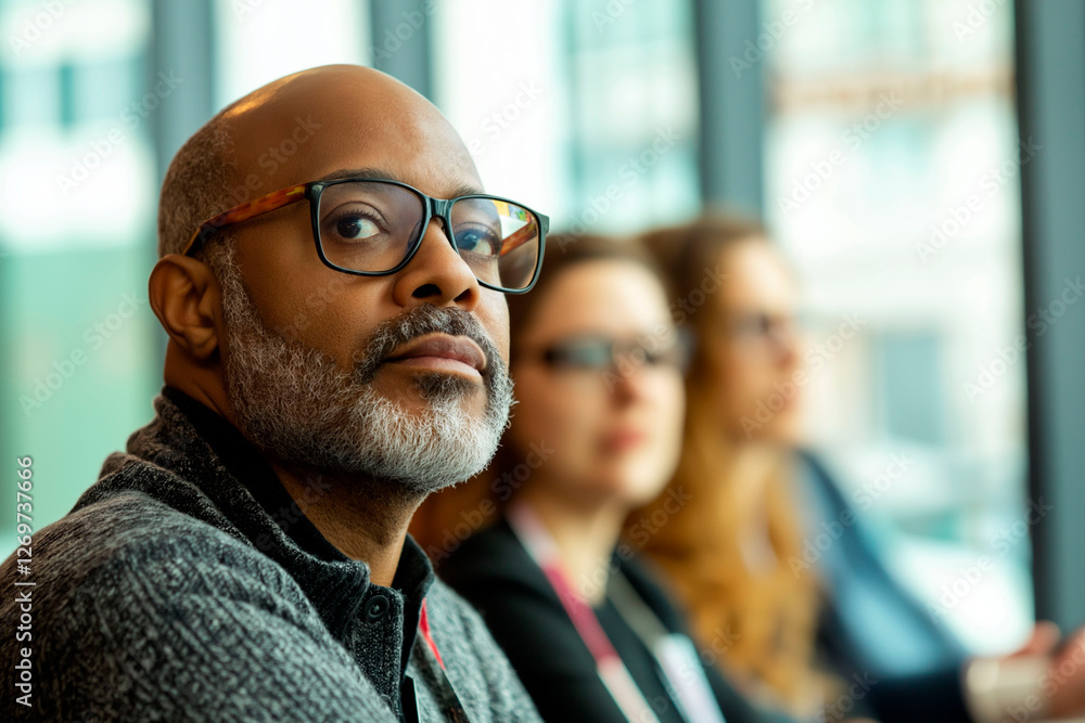 A confident man with glasses and a gray beard attentively listening during a business meeting, with blurred colleagues in the background in a modern office setting A confident man with glasses and a gray beard attentively listening during a business meeting, with blurred colleagues in the background in a modern office setting