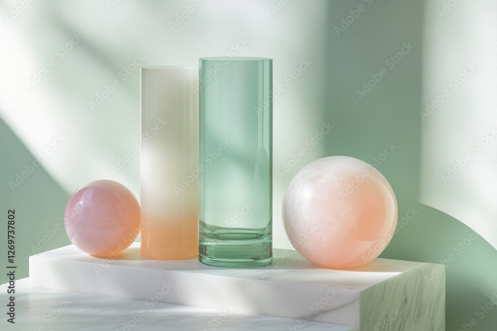 Pastel-colored glass vases and spheres arranged on a marble pedestal, bathed in soft sunlight. Pastel-colored glass vases and spheres arranged on a marble pedestal, bathed in soft sunlight.