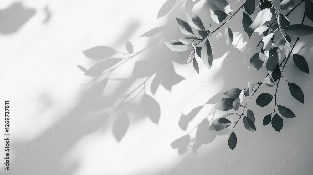 The gentle fall of abstract tree leaf shadows casts a soothing organic effect on a spotless white wall, featuring delicate gradients and fine patterns The gentle fall of abstract tree leaf shadows casts a soothing organic effect on a spotless white wall, featuring delicate gradients and fine patterns