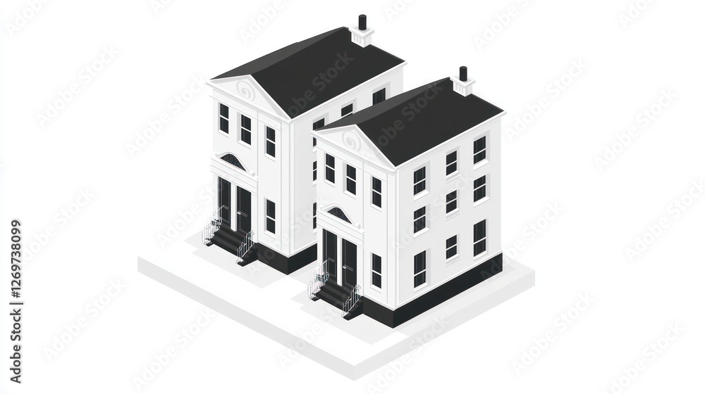 Twin white houses, isometric view, city, snow, real estate Twin white houses, isometric view, city, snow, real estate