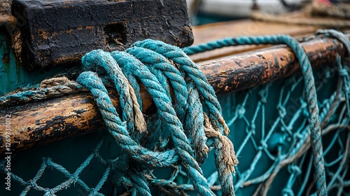 Wallpaper Mural Close-up of weathered teal rope coiled on old fishing boat. Torontodigital.ca