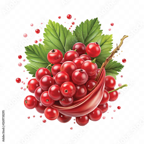 Realistic Detailed 3d Red Currant Berries with Splash Juice isolated on white background.