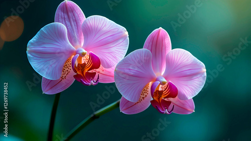 Delicate, ethereal orchid blooms with axon-like stems, petals unfolding to showcase vibrant synaptic vesicles emitting a soft glow amidst a dreamy, iridescent landscape. photo