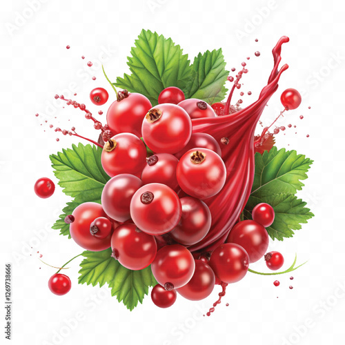 Realistic Detailed 3d Red Currant Berries with Splash Juice isolated on white background.