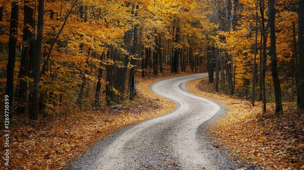 Obraz premium Winding Gravel Road Through Golden Autumn Forest Scenic View