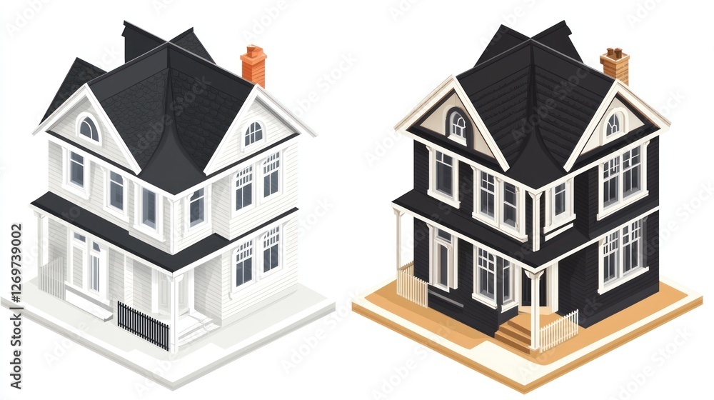 Two isometric houses, white and black, suburban setting, home design options Two isometric houses, white and black, suburban setting, home design options