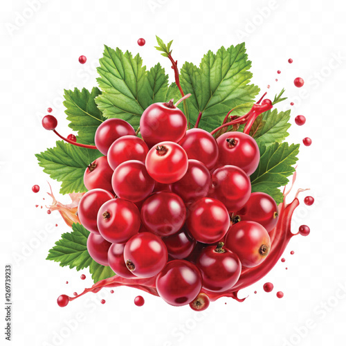 Realistic Detailed 3d Red Currant Berries with Splash Juice isolated on white background.