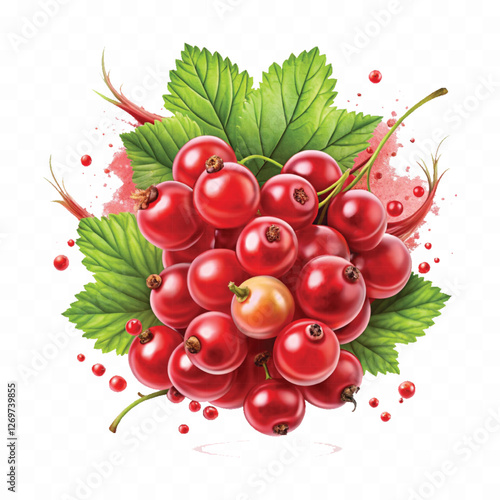 Realistic Detailed 3d Red Currant Berries with Splash Juice isolated on white background.