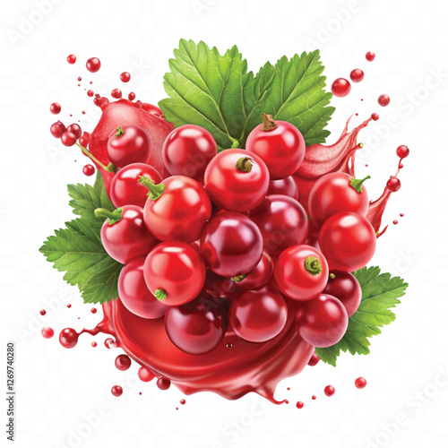 Realistic Detailed 3d Red Currant Berries with Splash Juice isolated on white background.