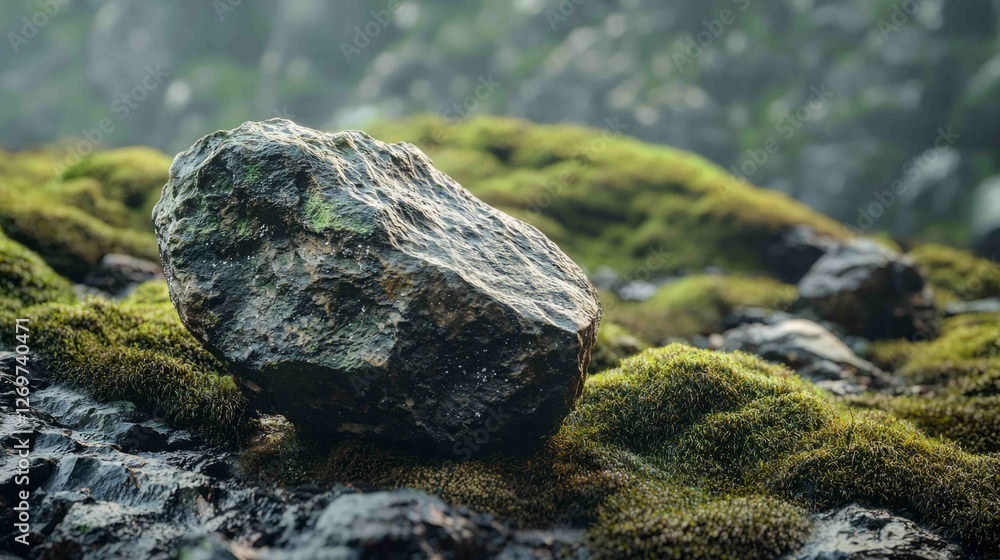Ancient Meteorite Embedded in Rocky Outcrop Surrounded by Moss Ancient Meteorite Embedded in Rocky Outcrop Surrounded by Moss