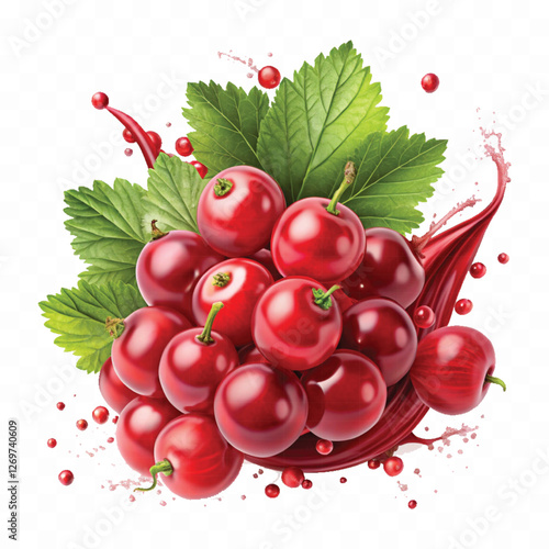 Realistic Detailed 3d Red Currant Berries with Splash Juice isolated on white background.