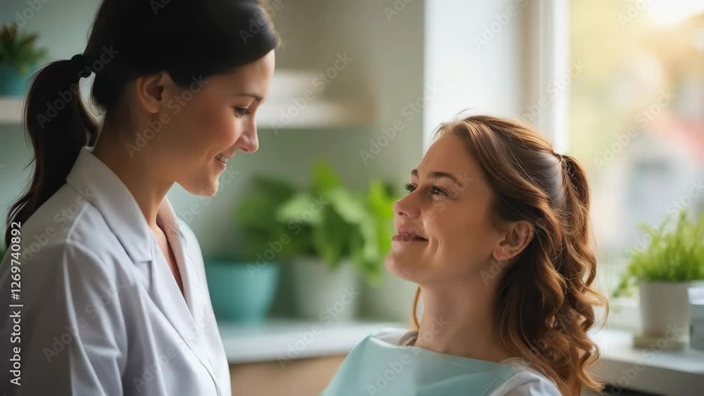 Female dentist smiling at a patient during a friendly consultation in a bright clinic. Dentist female caucasian talks about human teeth healthcare. Tooth healthy lifestyle. Female dentist smiling at a patient during a friendly consultation in a bright clinic. Dentist female caucasian talks about human teeth healthcare. Tooth healthy lifestyle.