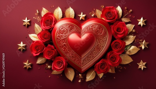 a red heart with gold stars and roses surrounding it