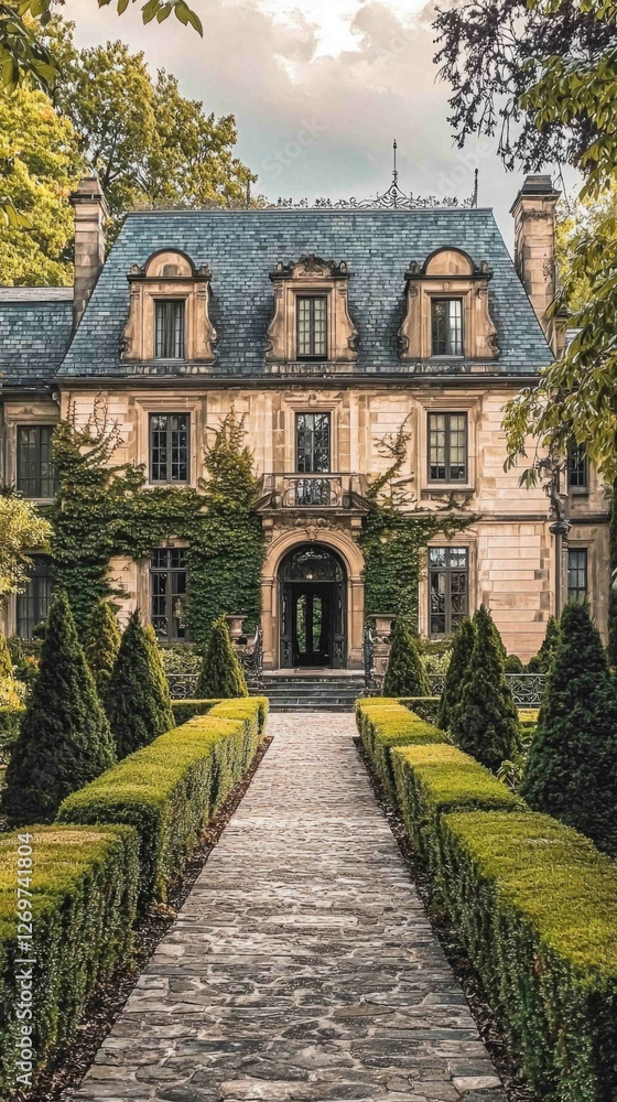Naklejka premium Elegant Mansion with Grand Porte Cochere and Lush Green Landscaping