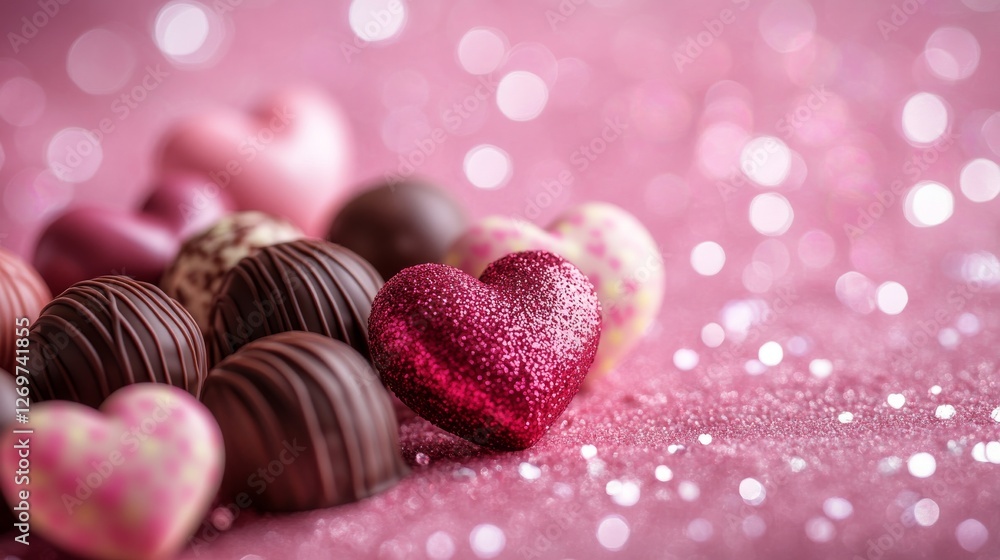 A playful Valentine's Day backdrop showcasing an array of heart-shaped chocolate candies, bonbons, and wrapped sweets, elegantly set against a soft blush-colored backdrop A playful Valentine's Day backdrop showcasing an array of heart-shaped chocolate candies, bonbons, and wrapped sweets, elegantly set against a soft blush-colored backdrop
