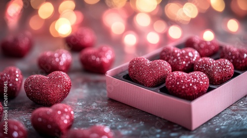 A delightful Valentine's Day chocolate arrangement featuring an array of heart-shaped confections, chocolate bonbons, and wrapped sweets, gracefully laid out on a tender blush-hued background photo