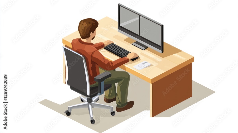 Man working at computer isometric view Man working at computer isometric view