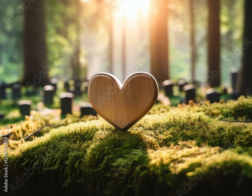 wooden heart on moss in forest cemetery symbolizing natural burial and tranquility funeral background concept