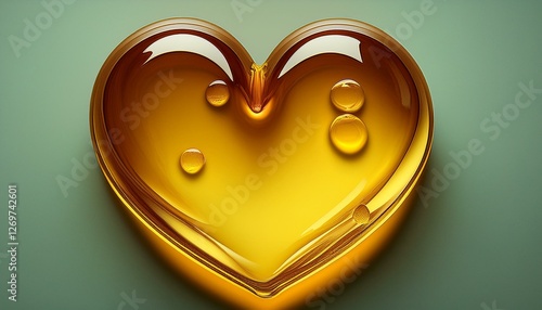 oil or yellow coloured liquid capsule in shape of heart detail from above with copy space on side generative ai